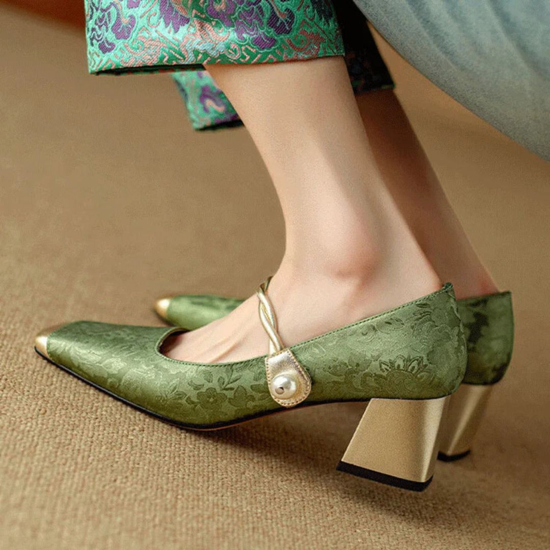 Womens Gold Heels with Pearl Twist Strap and Padded Insole, Square Toe Floral