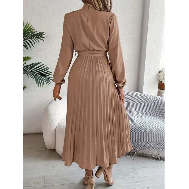 Long Sleeve Pleated Dress with Removable Belt and Hidden Zipper, Lightweight Polyester