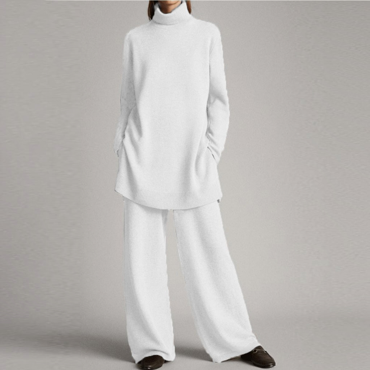 Womens Two-Piece Lounge Set with High Neck and Wide-Leg Pants, Relaxed Knit
