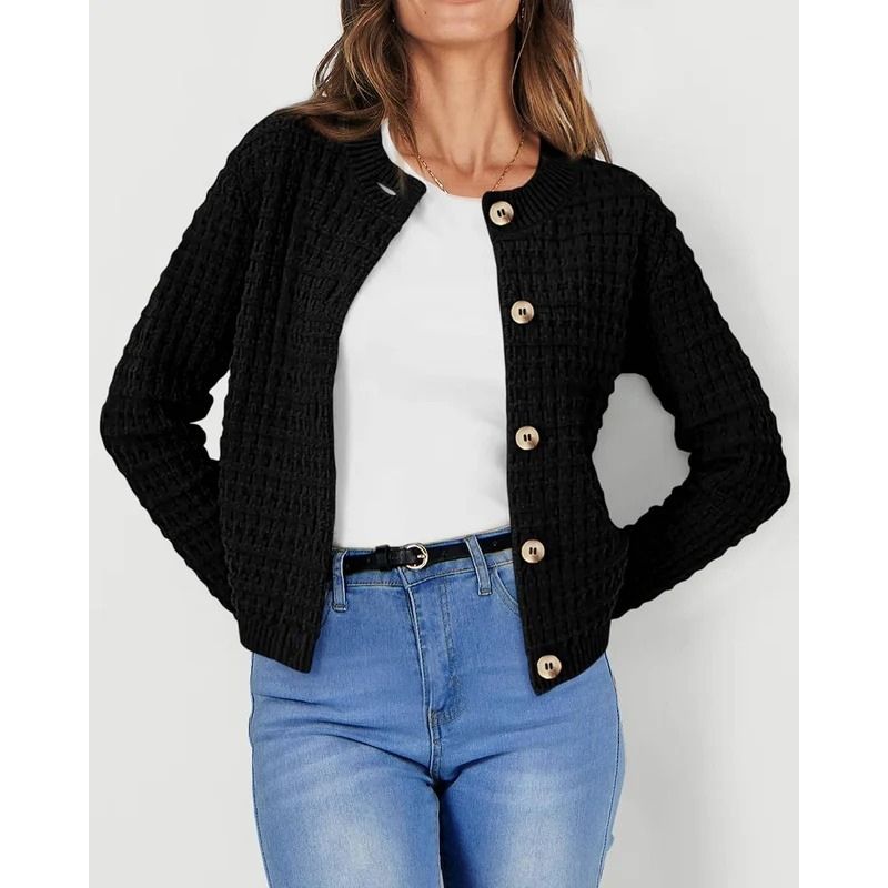 Womens Button Front Cardigan with Long Sleeves and Crewneck, Knit Cotton