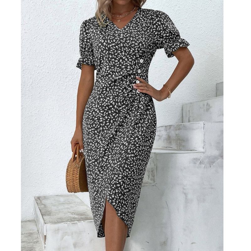 Womens V-Neck Dress with Waist Definition and Breathable Fabric, Mid-Length