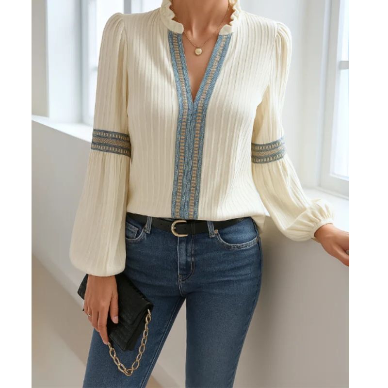 Womens Cotton Blend V-Neck Blouse with Pleated Shoulders and Relaxed Fit