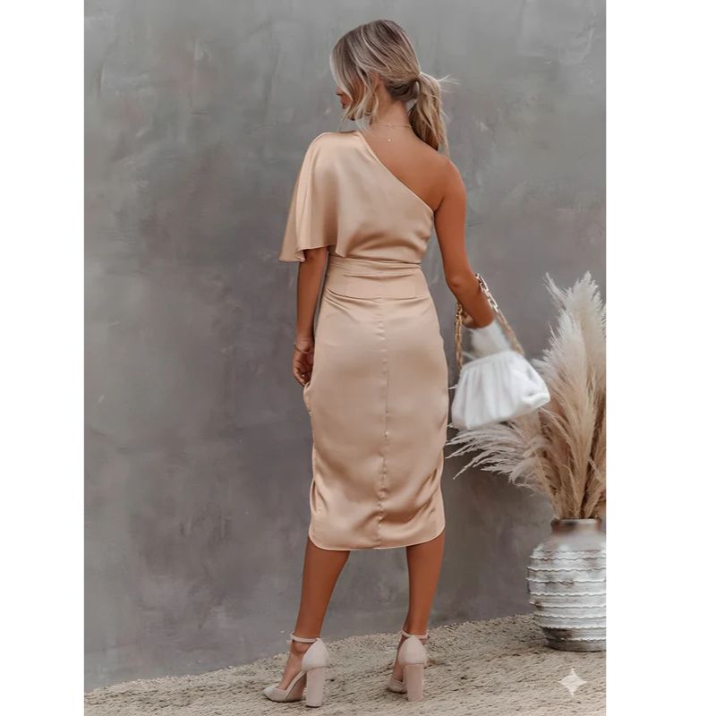 One Shoulder Midi Dress with Ruched Detailing and Side Zipper, Stretch Knit