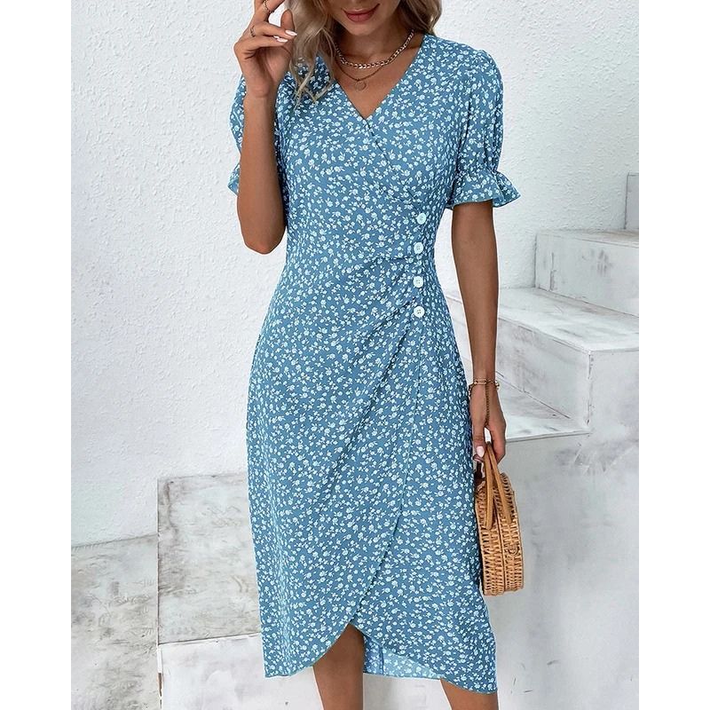 Floral Print Wrap Dress with V-Neck and Adjustable Tie Closure