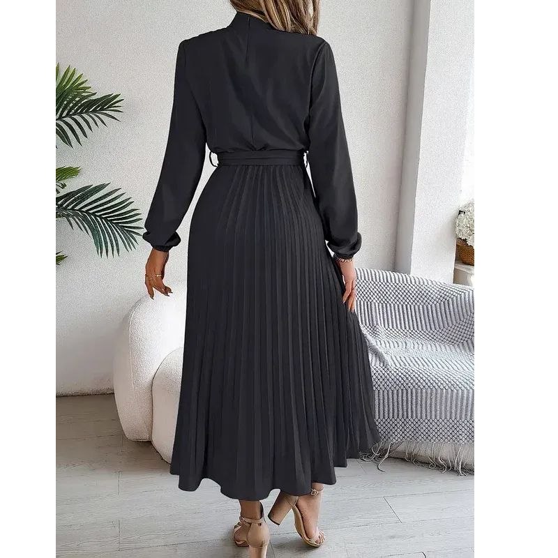 Long Sleeve Pleated Dress with Removable Belt and Hidden Zipper, Lightweight Polyester