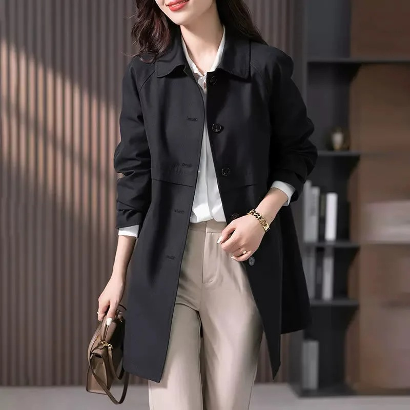 Womens Longline Trench Coat with Button Front and Structured Notch Collar, Lightweight