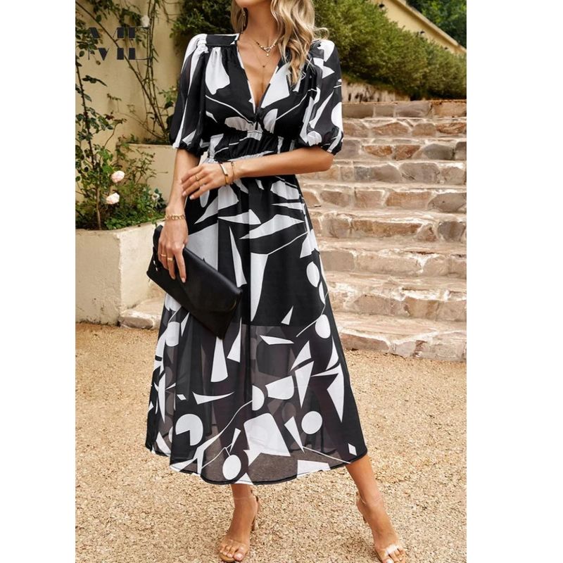 Floral Midi Dress with Puff Sleeves and Tailored Waist, Lightweight Woven Fabric