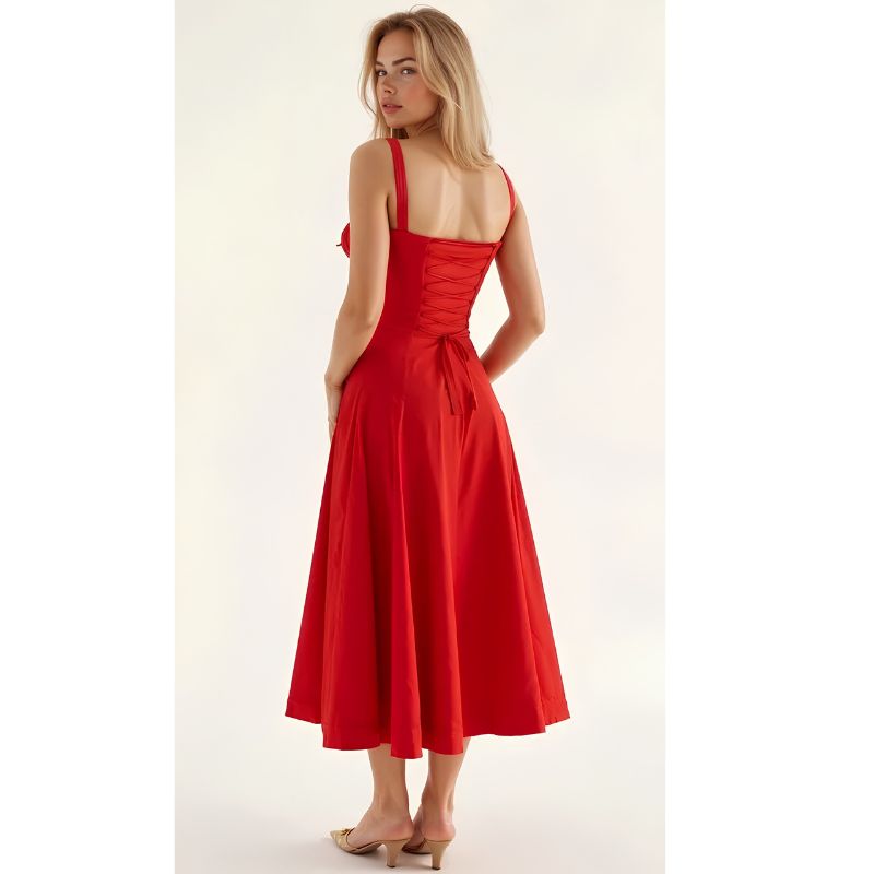 Corset Midi Dress with Structured Bodice and Flowing Flared Skirt, Stretch Lined