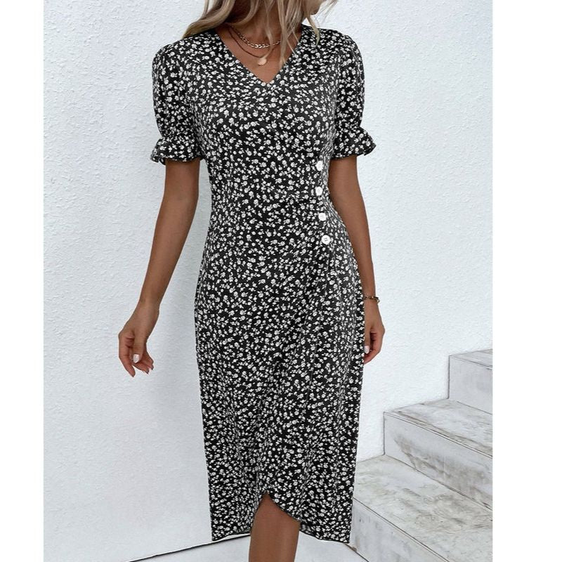Womens V-Neck Dress with Waist Definition and Breathable Fabric, Mid-Length