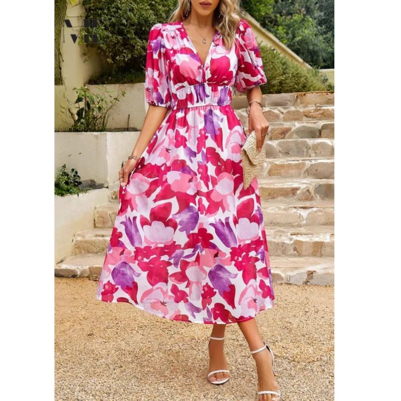Floral Midi Dress with Puff Sleeves and Tailored Waist, Lightweight Woven Fabric