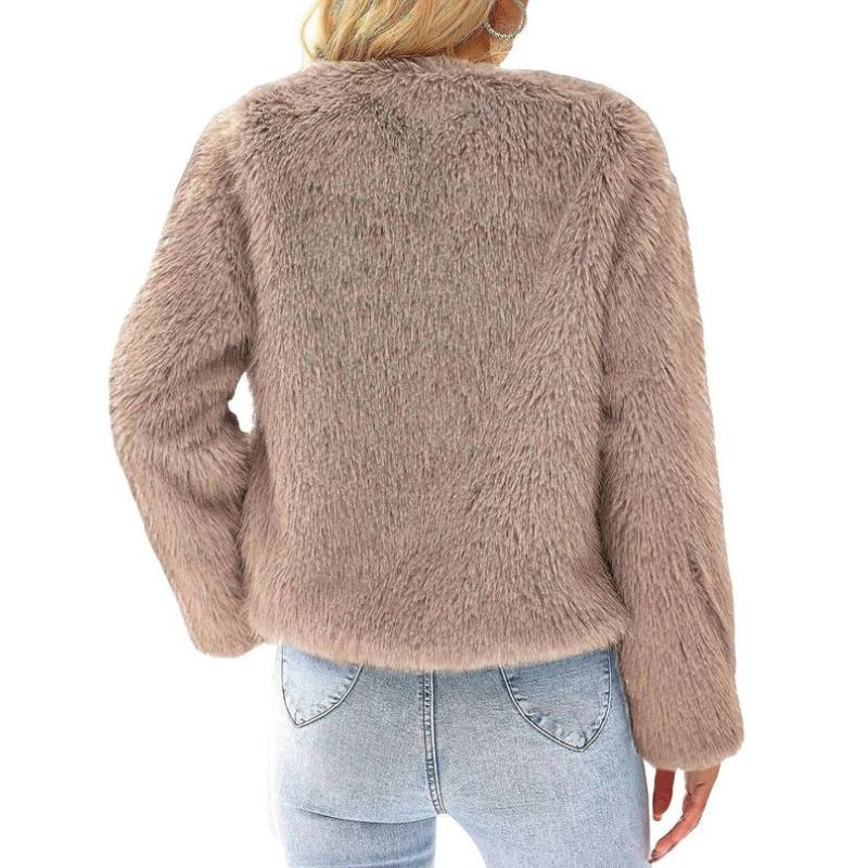 Cropped Faux Fur Jacket with Open Front and Long Sleeves for Women
