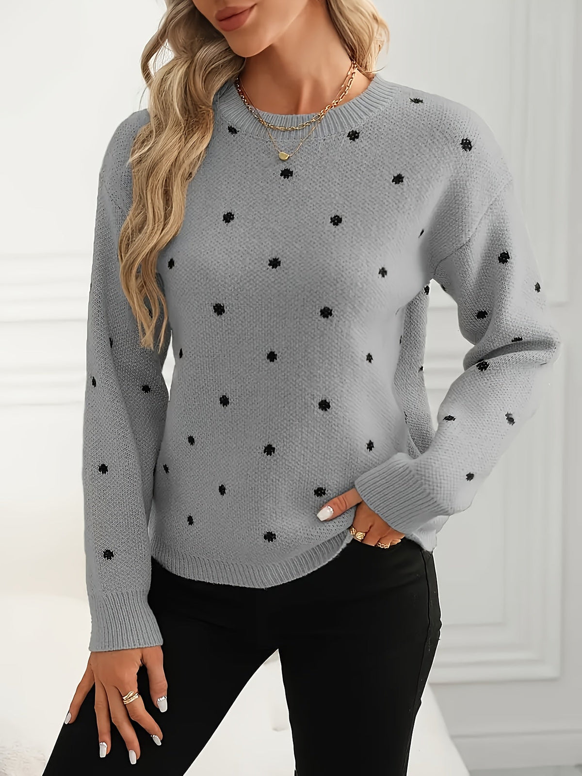 Polka Dot Crew Neck Sweater with Light Stretch Knit and Relaxed Fit