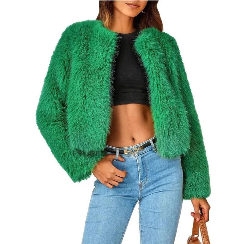 Cropped Faux Fur Jacket with Open Front and Long Sleeves for Women