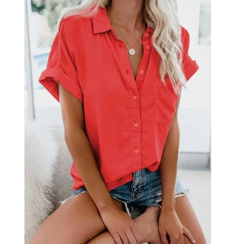 Womens Relaxed Fit Blouse with Button Front and Rolled Sleeve Detail