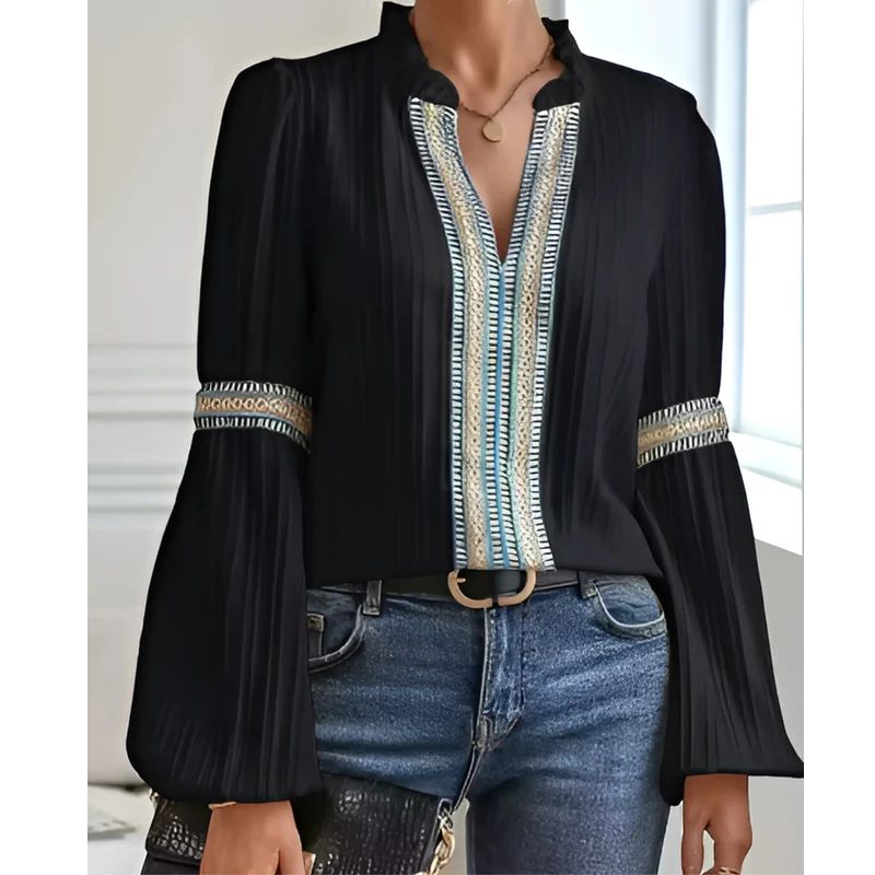 Womens Cotton Blend V-Neck Blouse with Pleated Shoulders and Relaxed Fit