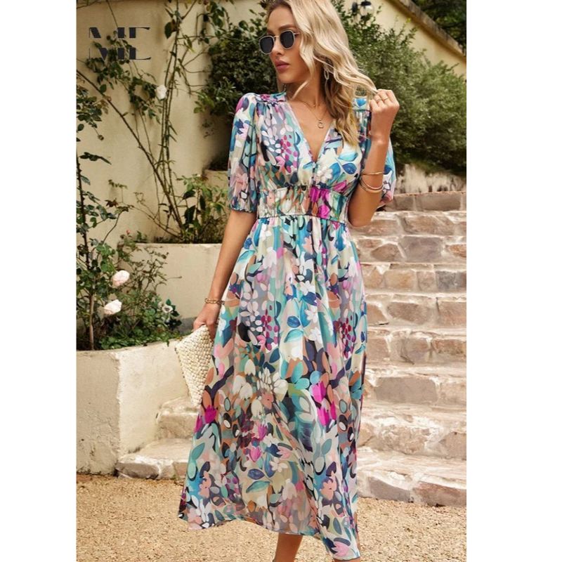 Floral Midi Dress with Puff Sleeves and Tailored Waist, Lightweight Woven Fabric