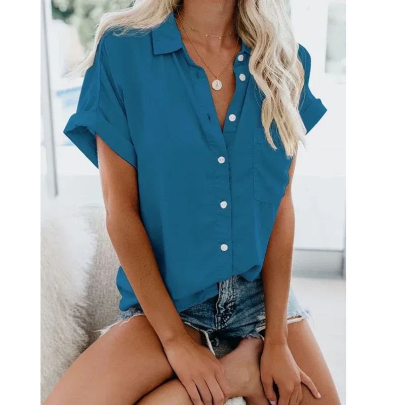 Womens Relaxed Fit Blouse with Button Front and Rolled Sleeve Detail