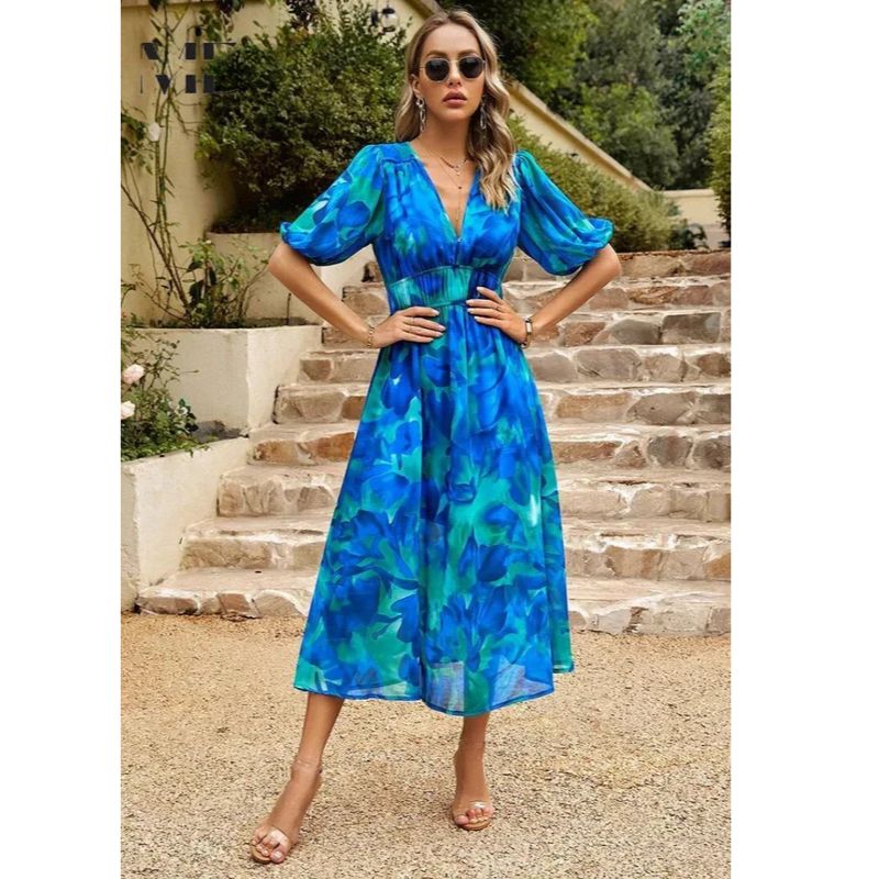 Floral Midi Dress with Puff Sleeves and Tailored Waist, Lightweight Woven Fabric