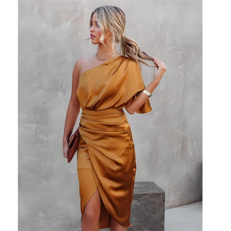 One Shoulder Midi Dress with Ruched Detailing and Side Zipper, Stretch Knit