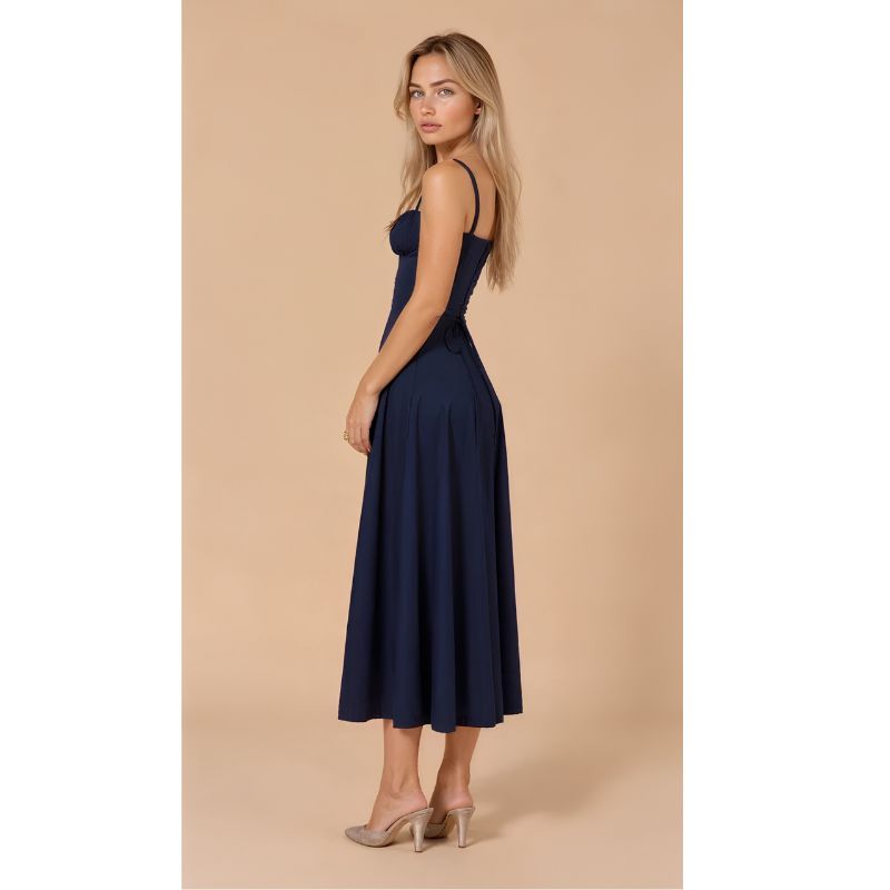 Corset Midi Dress with Structured Bodice and Flowing Flared Skirt, Stretch Lined