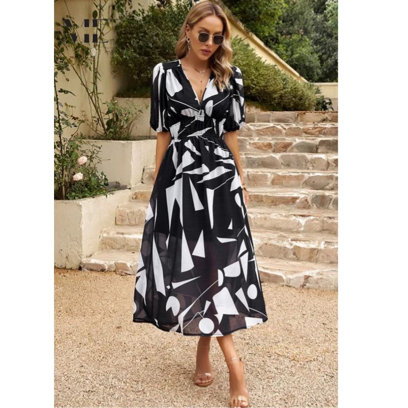 Floral Midi Dress with Puff Sleeves and Tailored Waist, Lightweight Woven Fabric