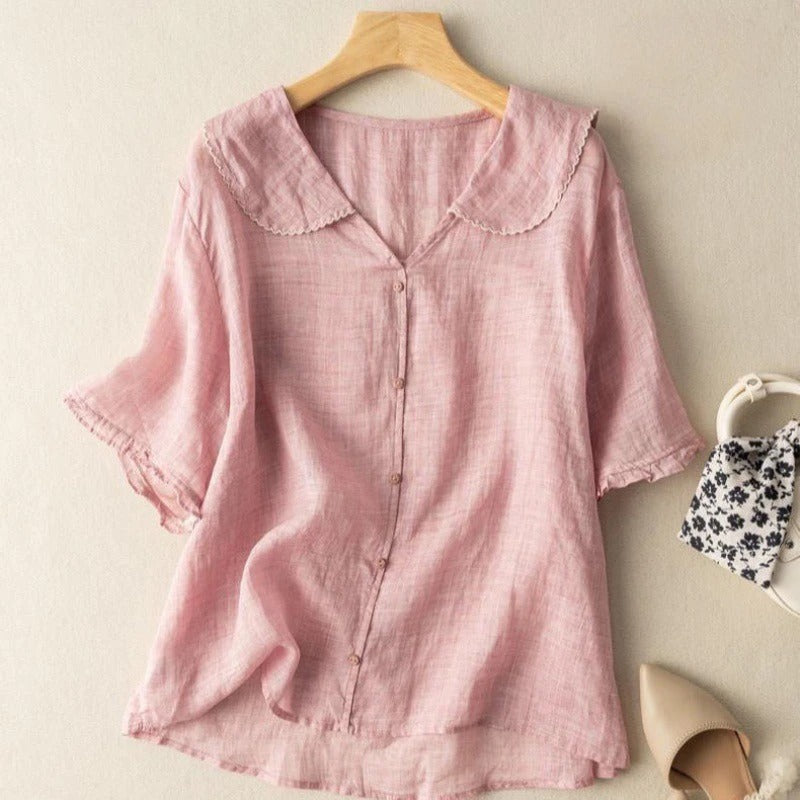Womens Vintage Blouse with Scalloped Collar and Button Front, Lightweight Relaxed Fit