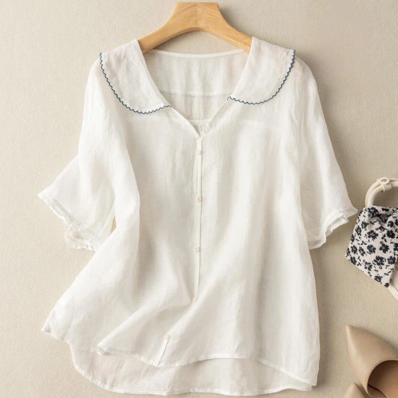 Womens Vintage Blouse with Scalloped Collar and Button Front, Lightweight Relaxed Fit