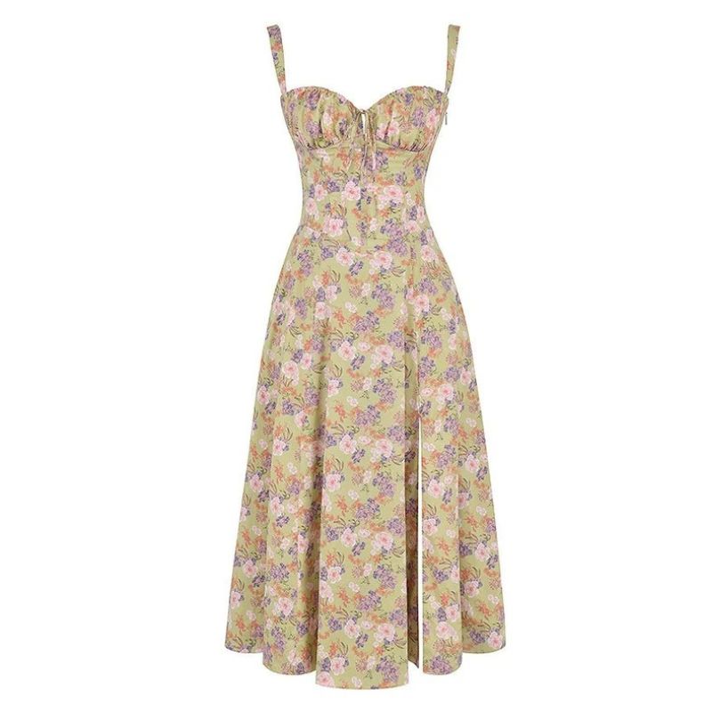 Corset Midi Dress with Structured Bodice and Flowing Flared Skirt, Stretch Lined
