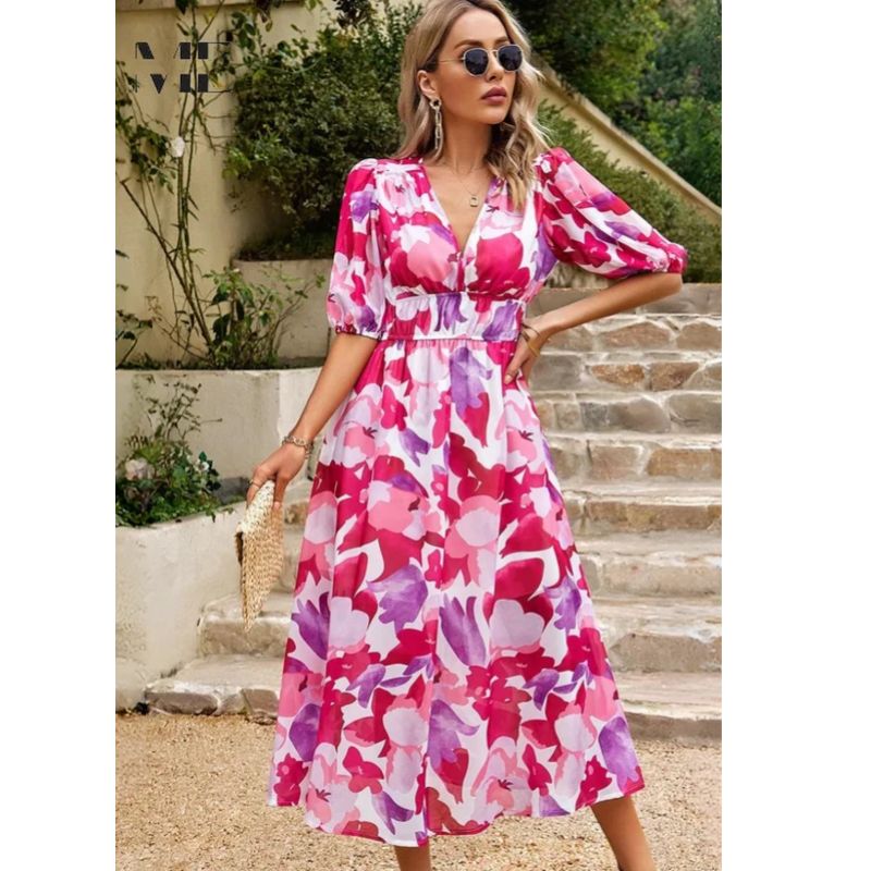 Floral Midi Dress with Puff Sleeves and Tailored Waist, Lightweight Woven Fabric