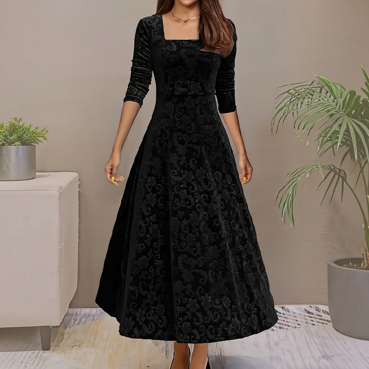 Velvet Midi Dress with Floral Embroidery and Three-Quarter Sleeves, Back Zipper