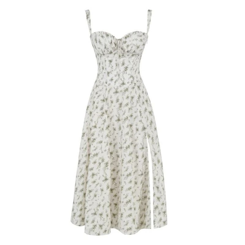 Corset Midi Dress with Structured Bodice and Flowing Flared Skirt, Stretch Lined