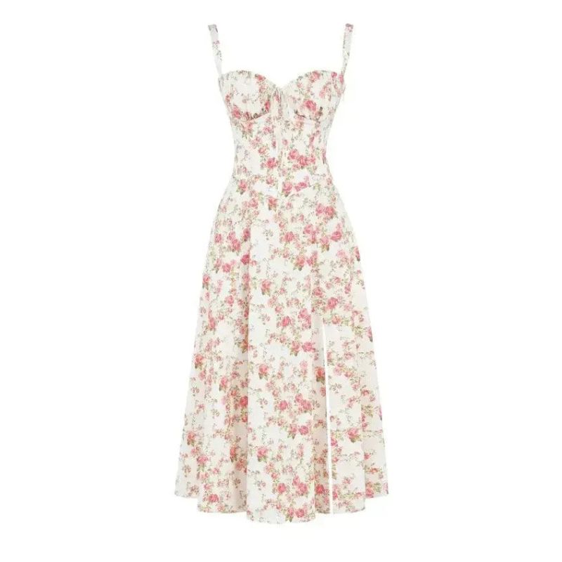 Corset Midi Dress with Structured Bodice and Flowing Flared Skirt, Stretch Lined