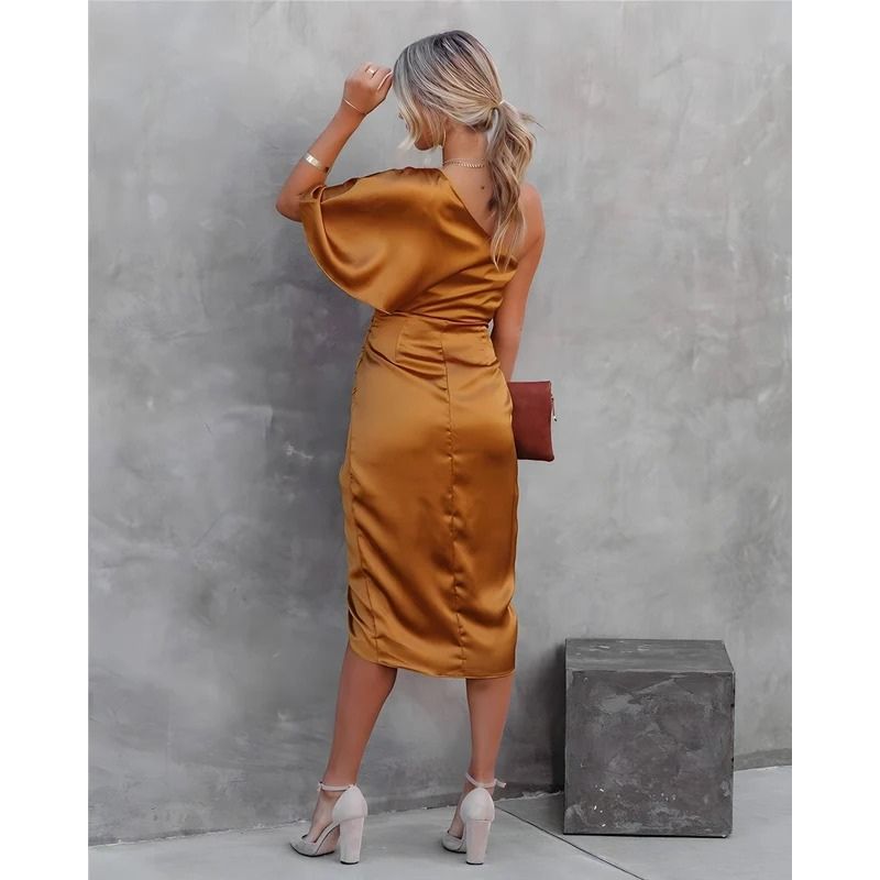 One Shoulder Midi Dress with Ruched Detailing and Side Zipper, Stretch Knit
