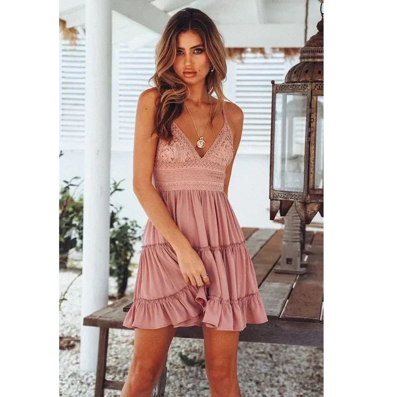Womens Tiered Mini Dress with Open Back Tie and Adjustable Straps