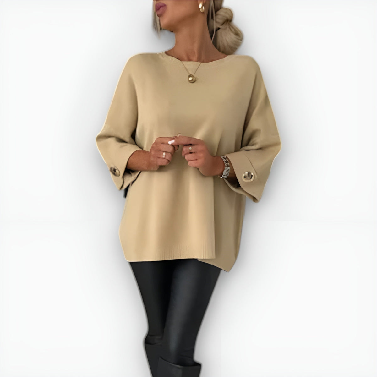 Oversized Sweater with Three-Quarter Sleeves and Button Cuffs for Women