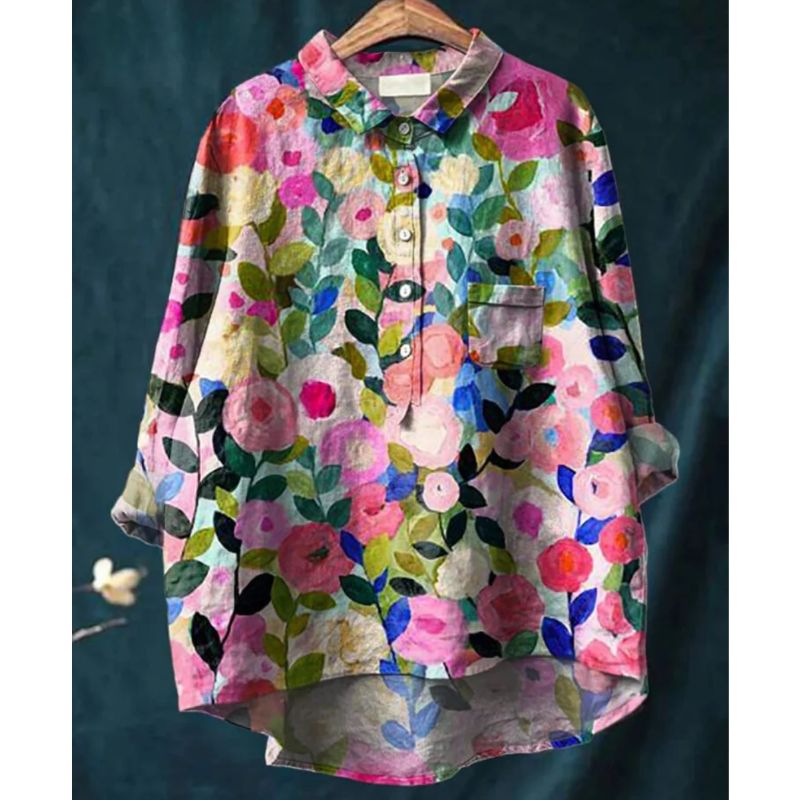Womens Floral Blouse with Breathable Woven Fabric and Relaxed Fit, Long Sleeve
