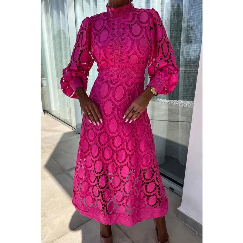 Midi Dress with Lace Overlay and Fitted Bodice