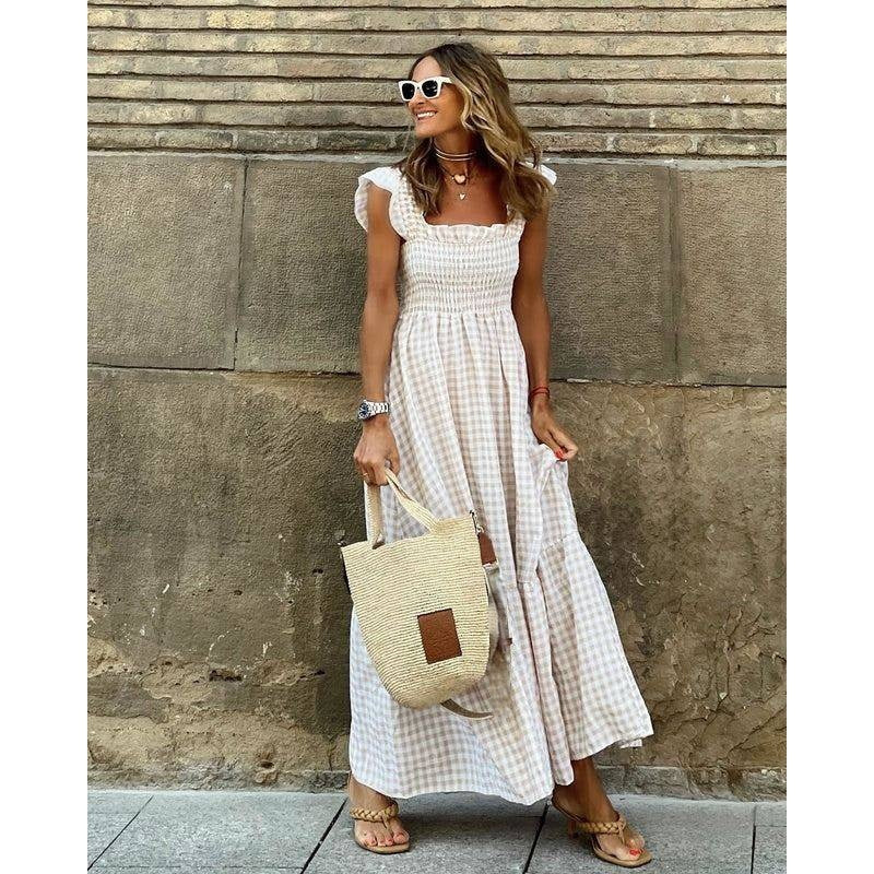 Plaid Maxi Dress with Smocked Waist and Ruffled Sleeves