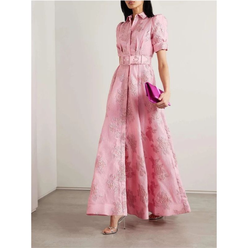 Womens Floral Dress with Puff Sleeves and Belted Waist
