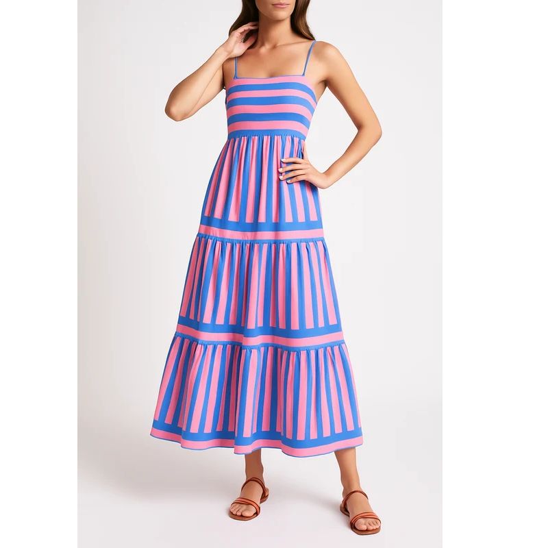Womens Tiered Maxi Dress with Vertical Stripes and Side Pockets