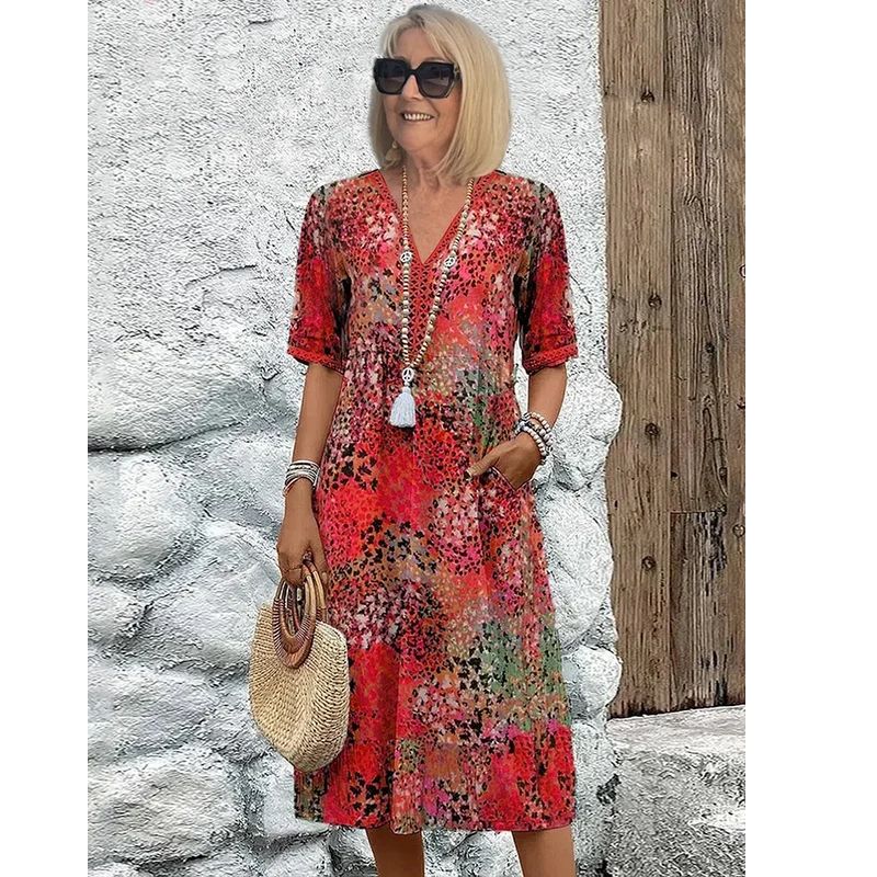 Colorful Midi Dress with Patterned Design and Functional Pockets