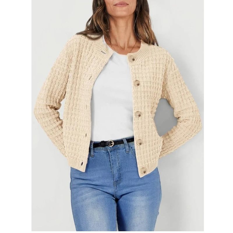 Womens Button Front Cardigan with Long Sleeves and Crewneck, Knit Cotton