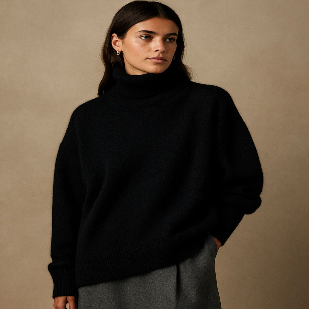 Turtleneck Sweater with Dropped Shoulders and Ribbed Trim for Women - Long Sleeves