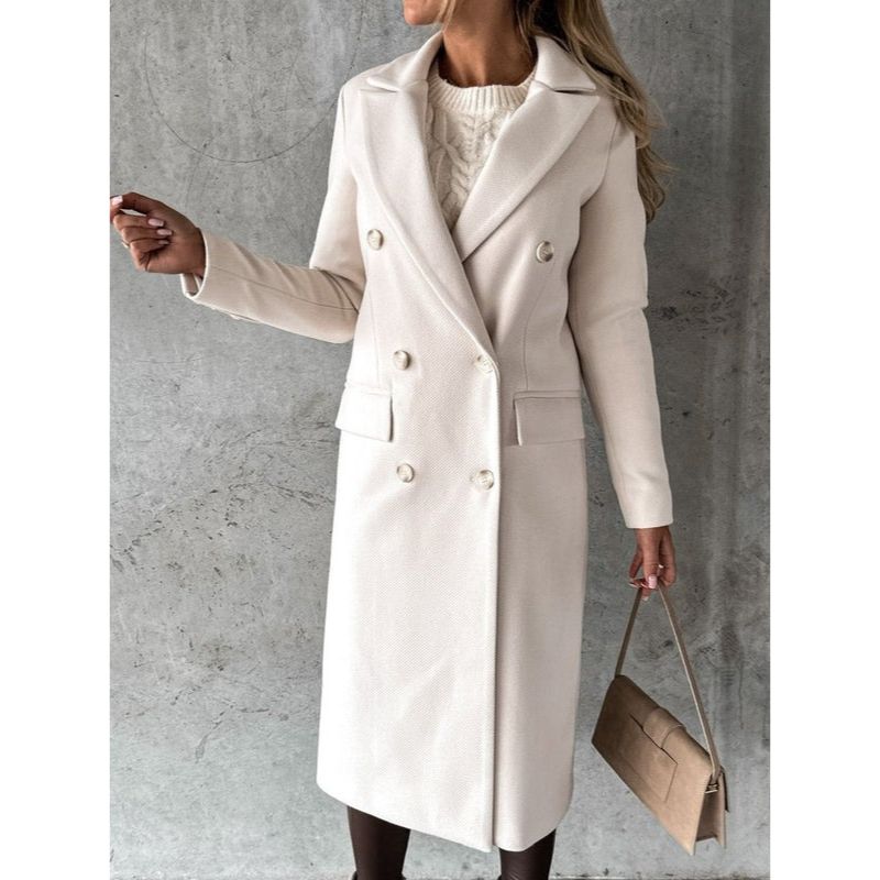 Womens Wool Winter Coat with Double-Breasted Button Front and Structured Shoulders