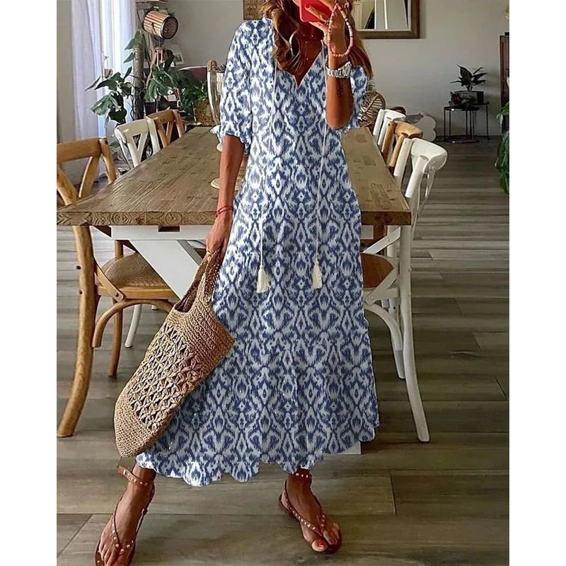 Womens A-Line Dress with Geometric Print and Lantern Sleeves, V-Neck