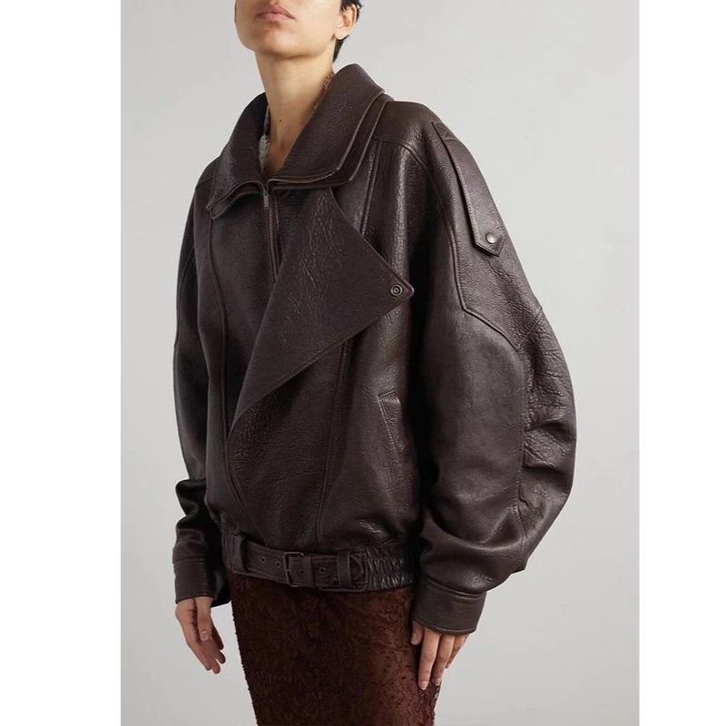 Oversized Faux Leather Bomber Jacket with Asymmetrical Zipper