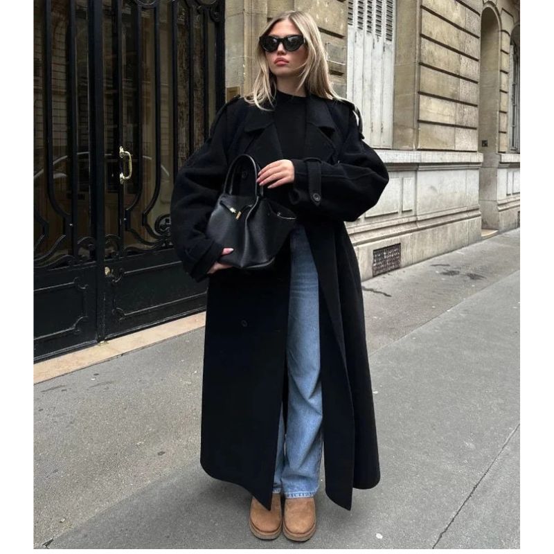 Womens Double-Breasted Trench Coat with Adjustable Belt and Military Shoulder Tabs