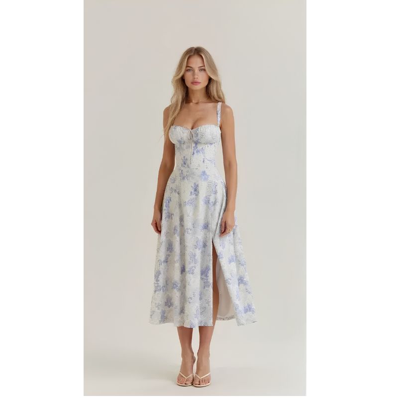 Womens Bustier Midi Dress with Spaghetti Straps and Fitted Waist