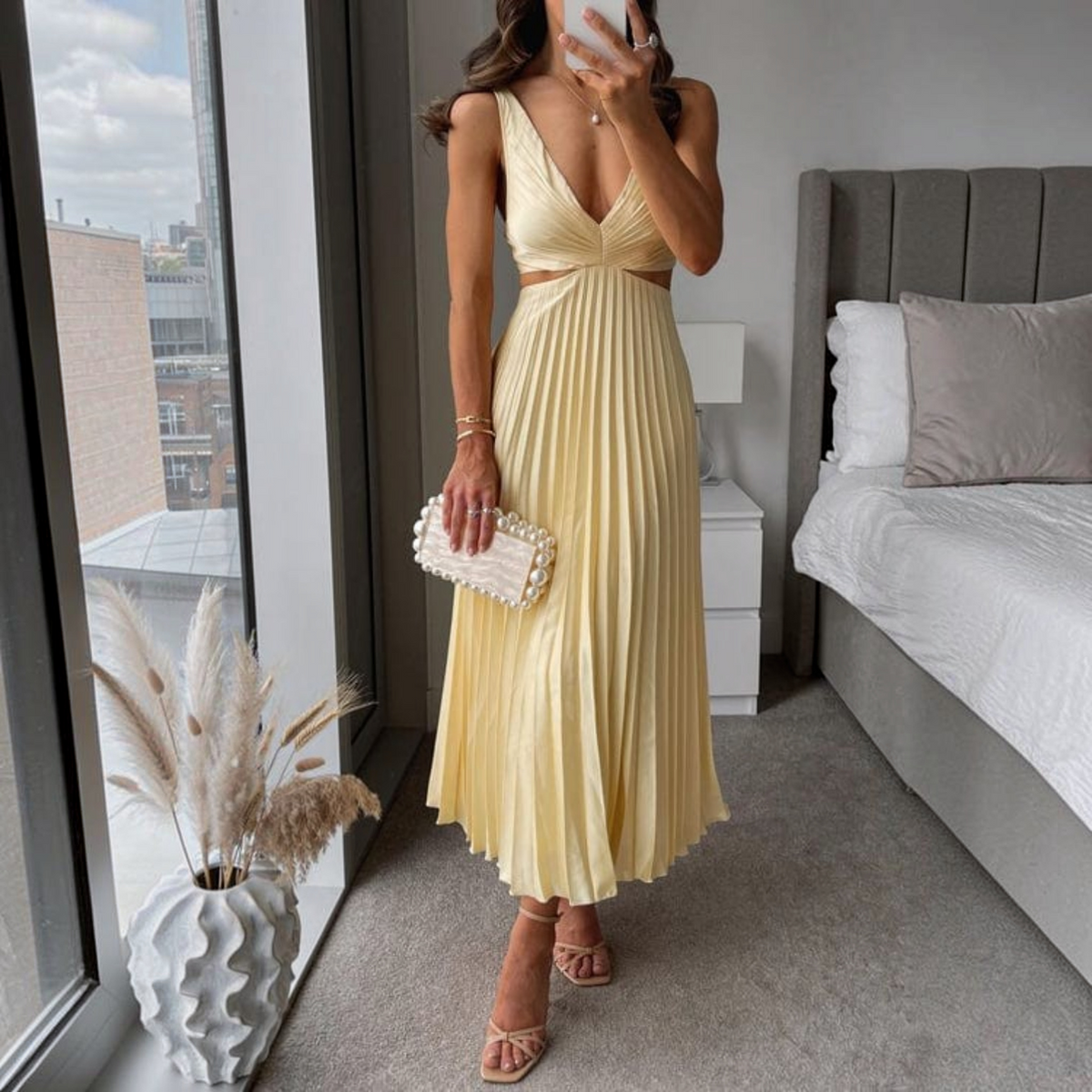 Pleated Midi Dress with Relaxed Flowing Fit and Breathable Lightweight Fabric, Hand Wash