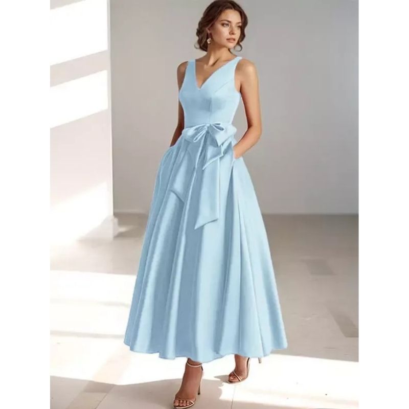 Womens A-Line Midi Dress with V-Neckline and Structured Bow Waist